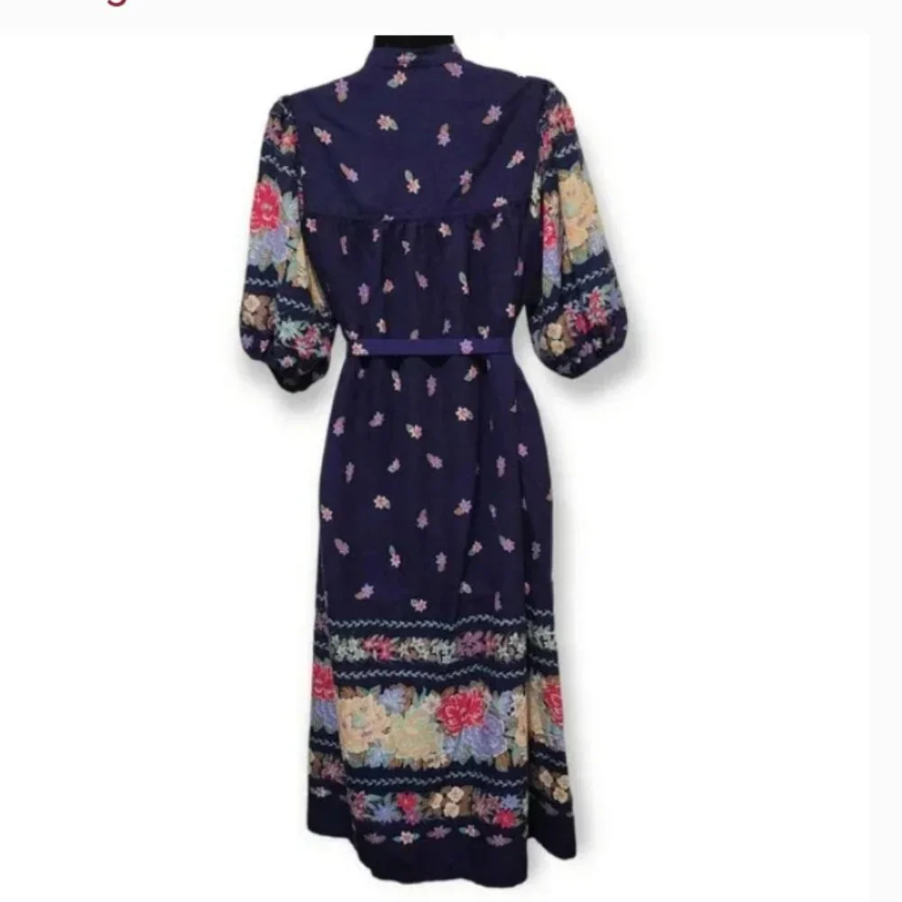 Robbie Bee Blue Floral Belted Puff Sleeve Cottagecore Dress Small - Picture 3 of 6